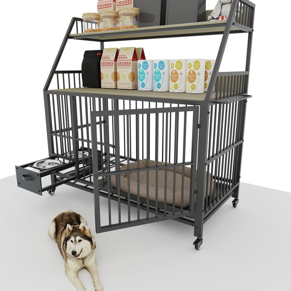 English Elm Large Pet Cage with Iron Frame Mdf Panels Storage Rack and Steel Feeding Basins Beige,Black W3064P245386