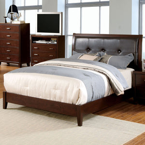 English Elm Eastern King Size Bed Brown Cherry Leatherette Tufted Headboard Solid Wood Contemporary Design 85"L x 79.5"W B011S01830