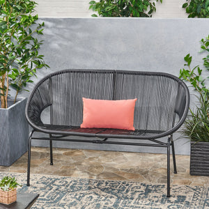 English Elm Christopher Knight Home® - CONDESSA Black Loveseat – Modern Hammock Weave Polyethylene Rattan on Matte Powder-Coated Iron Frame 67120.00BLK