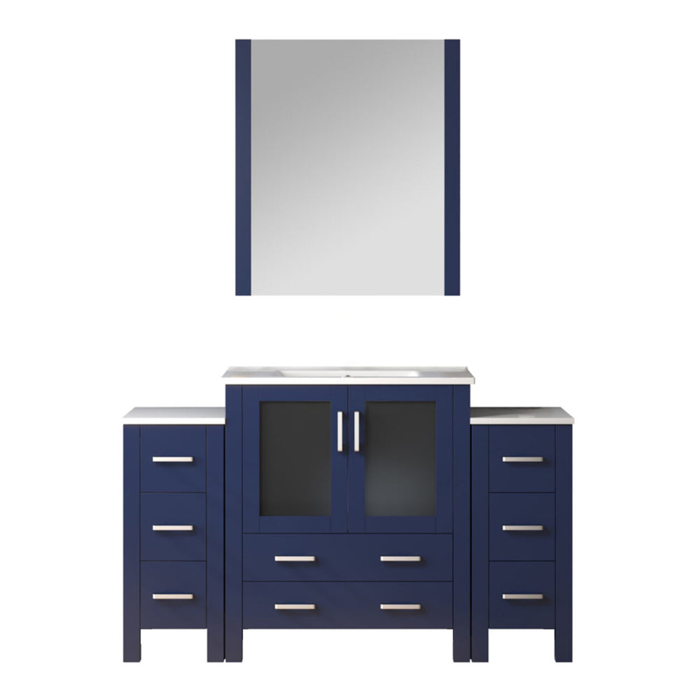 English Elm Navy Blue Single Bath Vanity 54" W with Side Cabinets, Soft-Close Drawers, White Ceramic Top, Mirror B2731S00965
