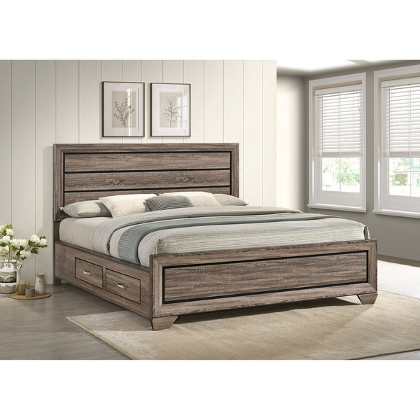 English Elm Carbon Washed Taupe Panel Storage Bed California King with Slatted Frame, Built-In Drawers, Rustic Modern Elegance B062S00688