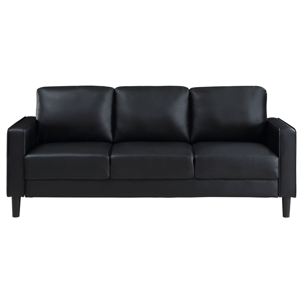 English Elm Ruth Modern 2-Piece Black Faux Leather Sofa & Loveseat Set with Plush Cushions, Track Arms, Tapered Legs B062S01270