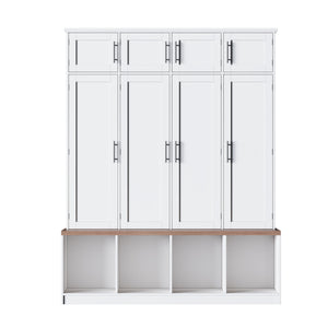 English Elm Farmhouse Hall Tree with Triple Arch Back Panel Eight Hooks Drawers and Entryway Bench White N721S000059K-1