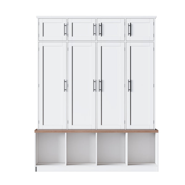 English Elm Farmhouse Hall Tree with Triple Arch Back Panel Eight Hooks Drawers and Entryway Bench White N721S000059K-1