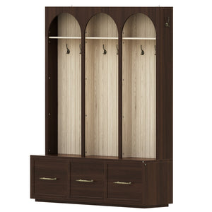 English Elm Farmhouse Hall Tree with Arched Panels Bench Drawers and Hooks for Mudroom Entryway Walnut W5271S00006