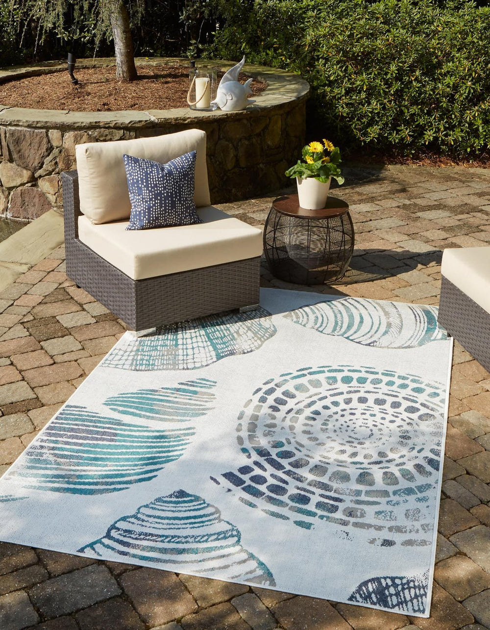 Unique Loom Outdoor Coastal Bodrum Machine Made Solid Print Rug Ivory, Navy Blue/Gray/Green 7' 10" x 10' 0"