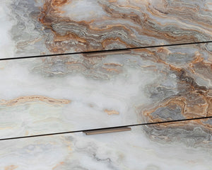 Sunpan Fuentes Nightstand - Luxurious Brown Oak Veneer with Mother of Pearl Design & Brass Steel Base Storage