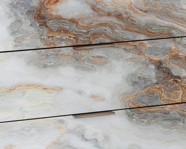 Sunpan Fuentes Nightstand - Luxurious Brown Oak Veneer with Mother of Pearl Design & Brass Steel Base Storage