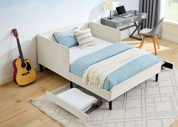 English Elm Full Velvet Upholstered Platform Bed Full Size with 2 Underbed Storage Drawers, Foam Seat, Modern Design Beige W1413P298911