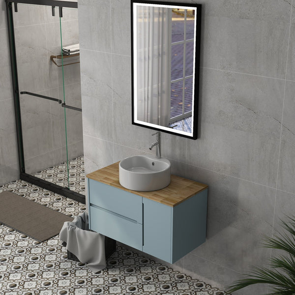 English Elm 36-Inch Wall-Mounted Bathroom Vanity With Blue Cabinet, Natural Wood Top & Round Ceramic Sink Design W3151S00011