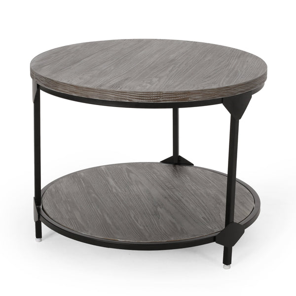 English Elm Christopher Knight Home® - COFFEE Lenka Modern Industrial Round Coffee Table - Gray Faux Wood Top, Black Iron Frame, Shelf Durable Design 67506.00GRY
