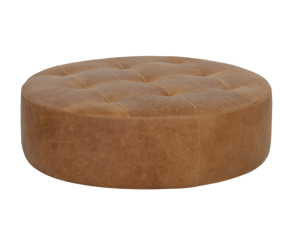 Sunpan Nilda Ottoman - Luxurious Italian Round Leather Seat with Tufted Top & Solid Wood Base - Camel Color