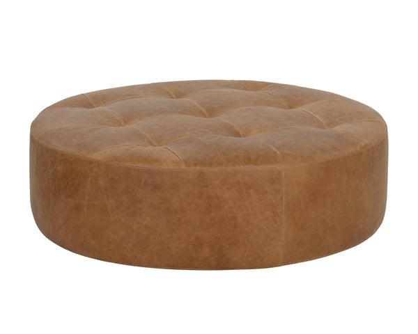 Sunpan Nilda Ottoman - Luxurious Italian Round Leather Seat with Tufted Top & Solid Wood Base - Camel Color