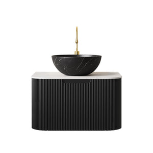 English Elm Dina Floating Bathroom Vanity with Sintered Stone Top and Crystal Glass Basin Carrara White,White+Black W2615S00407