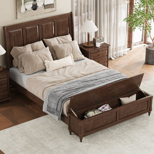 English Elm Queen Sleigh Bed Solid Rubberwood Walnut Finish Curved Headboard Footboard Storage Bench W1716S00034