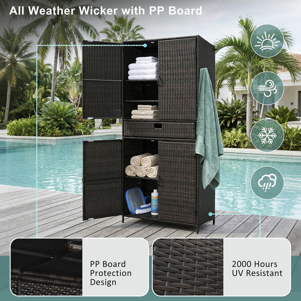 English Elm K&k Tall Arched Pe Rattan Outdoor Storage Cabinet with Adjustable Shelves and Steel Frame Brown+Black N707P420102D