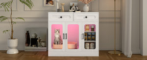 English Elm Cat Litter Box Cabinet with Glass Doors Led Light Drawers and Wood Grain Finish White N704P395520K