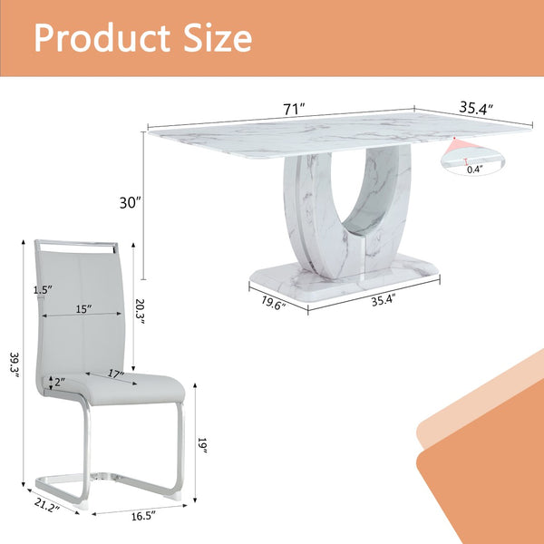 English Elm Table Modern Marble Pattern 9-Piece Dining Set – 71" Tempered Glass Table & 8 Light Gray Chairs W1151S02121-GIGA
