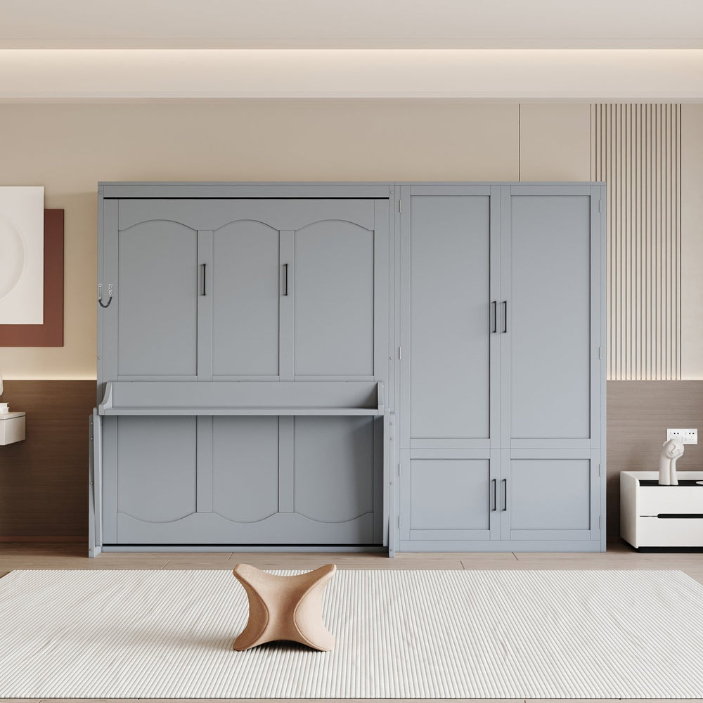 English Elm Queen Murphy Bed with Wardrobe Cabinet Hydraulic Lift Mdf Space Saving Wall Unit Gray LP000581AAE-1