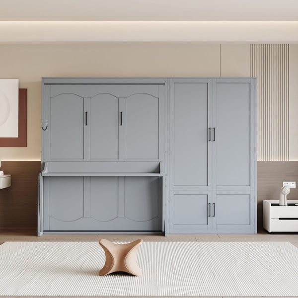 English Elm Queen Murphy Bed with Wardrobe Cabinet Hydraulic Lift Mdf Space Saving Wall Unit Gray LP000581AAE-1