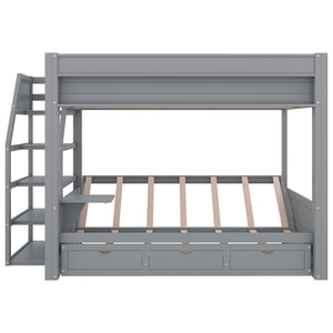 English Elm Wood Full Size Convertible Bunk Bed with Staircase Storage, Bedside Table and 3 Large Drawers, Durable Pine Finish Gray GX000335AAE-1