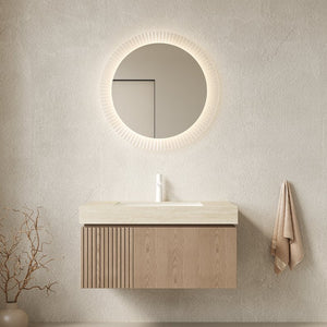 English Elm Muri Floating Bathroom Vanity Travertine Stone Top Plywood Cabinet Warm Woodgrain W2615S00607