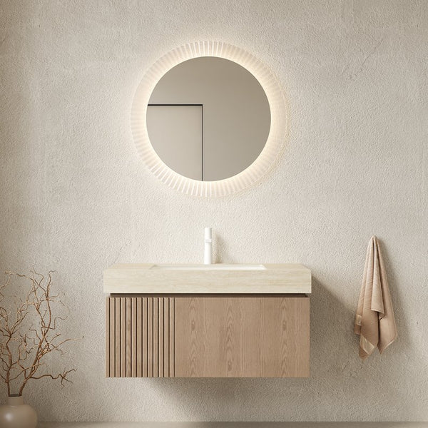 English Elm Muri Floating Bathroom Vanity Travertine Stone Top Plywood Cabinet Warm Woodgrain W2615S00607