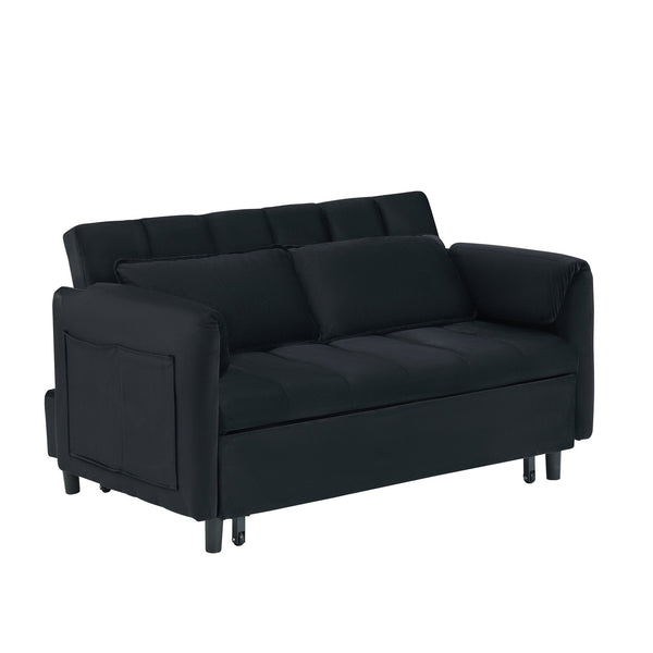 English Elm 52 Black Modern Velvet Sofa Bed 3-in-1 Convertible Loveseat with Pillows, Pockets, Metal Legs, 500lb Capacity W1658P266335