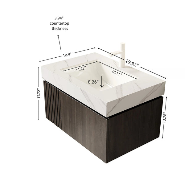 English Elm Muri Floating Bathroom Vanity Plywood Cabinet Sintered Stone Top Espresso Woodgrain W2615S00457