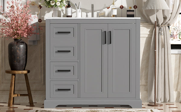 English Elm 36" Modern Bathroom Vanity with Ceramic Sink, Soft-Close Doors, 3 Drawers & Ample Storage for Small Baths Gray N729P280194E