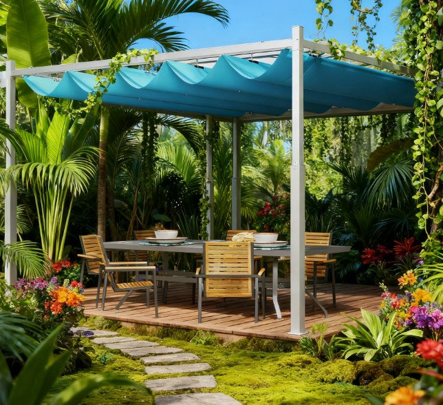 English Elm Easy Outdoor Pergola with Retractable Upf30 Canopy Powder Coated Metal Patio Frame T3971P426905