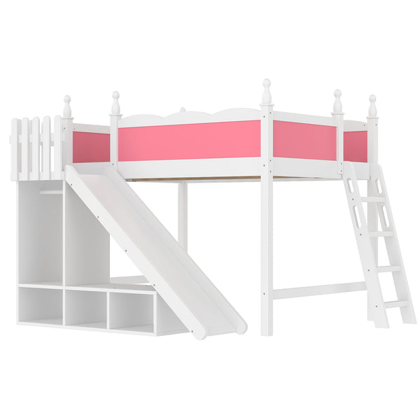 English Elm Twin Loft Bed Solid Pine Frame with Wardrobe Shelving Detachable Slide Kids Room W5305S00021