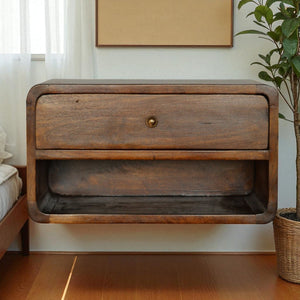 English Elm Chestnut Brown Curve Floating Bedside Nightstand – Stylish Wall-Mounted Storage For Modern Spaces B182P166501