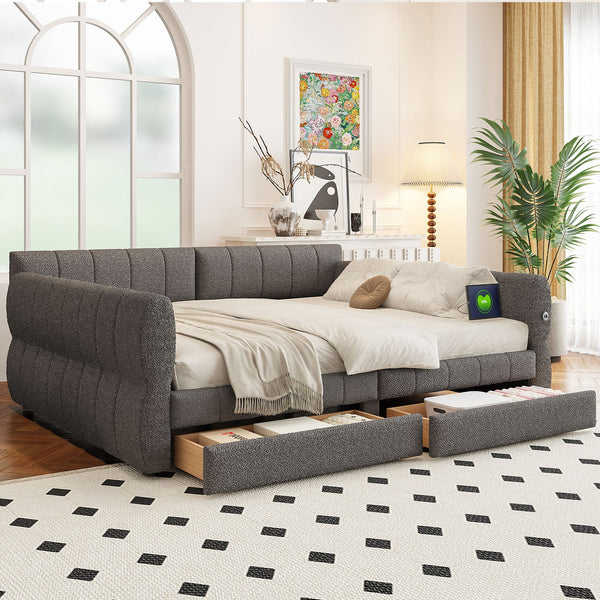 English Elm Queen Lambswool Platform Bed with Usb Charging Armrests and Under Storage Drawers Gray N7500000601E