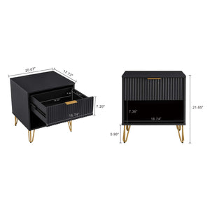 English Elm Dumbo 20" Modern Fluted Nightstand In Chic Black With Gold Accents - Stylish Storage Solution! B365P398143
