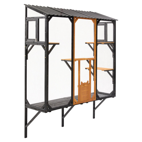 English Elm Outdoor Fir Wood Window Catio Enclosure with Four Climbing Platforms for Cats Black,Brown N719P418371D