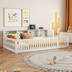 English Elm Wood Twin XL Floor Bed with Built-In Storage Cabinets, USB Charging Ports, Space-Saving Design White N709P205811K