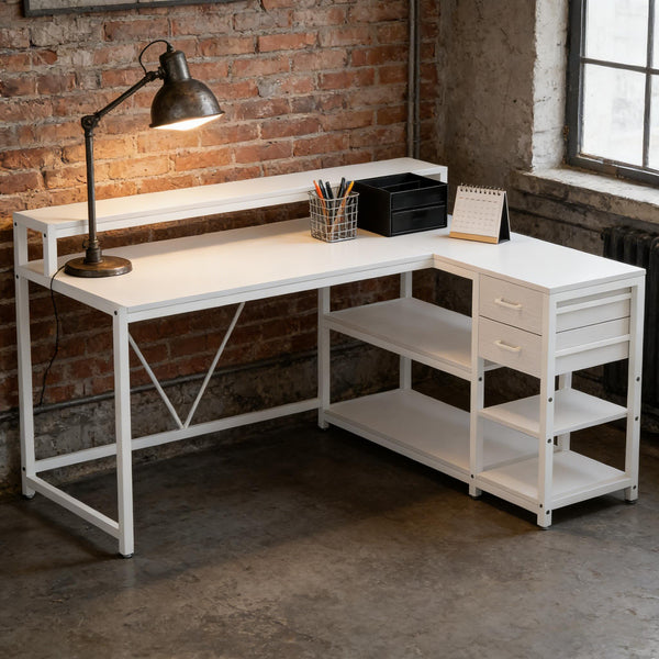 English Elm Writing Desk with Five Drawers Reversible Cabinet Home Office Vanity Workstation T3971P450832