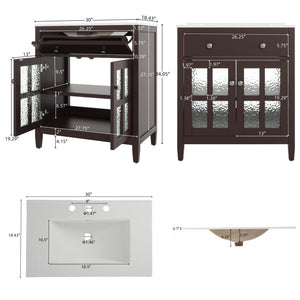 English Elm Christopher Knight Home® - 30" Bathroom Vanity with Ceramic Sink, Solid Wood Legs, Adjustable Shelf, Tip-Out Tray, Soft-Close Hinges, Silver Knobs, Moisture-Resistant Finish Dark Brown N817P286250D