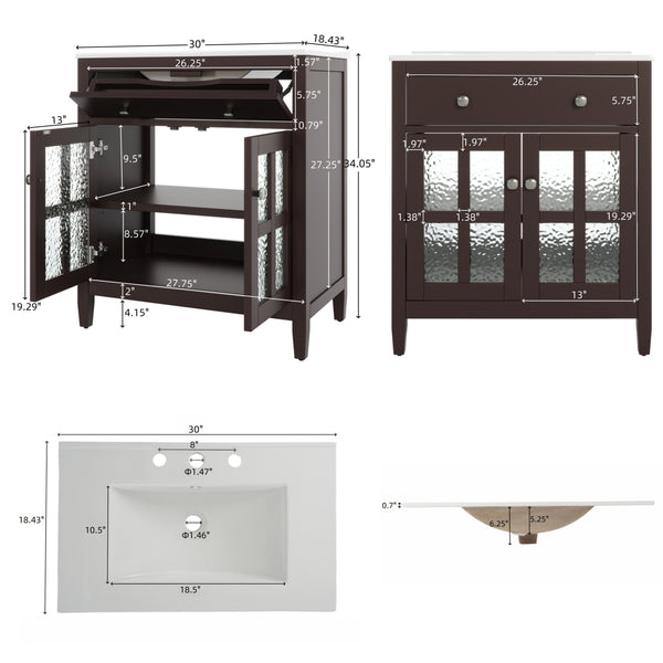 English Elm Christopher Knight Home® - 30" Bathroom Vanity with Ceramic Sink, Solid Wood Legs, Adjustable Shelf, Tip-Out Tray, Soft-Close Hinges, Silver Knobs, Moisture-Resistant Finish Dark Brown N817P286250D