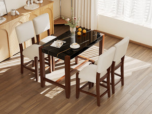 English Elm 5-Piece Counter Height Dining Set with Faux Marble Top and Upholstered Seats, Mid-Century Pub Charm Black+Beige N752S000086D