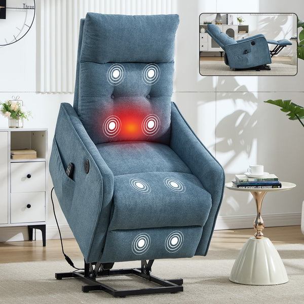 English Elm Beige Chenille Power Lift Recliner with Massage Heat and Usb for Senior Comfort Blue W1803P364113