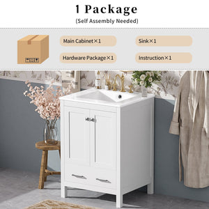 English Elm 24-inch Modern Bathroom Vanity with Ceramic Sink, Soft-Close Doors, Drawer Divider & Ample Storage White N729P299440K