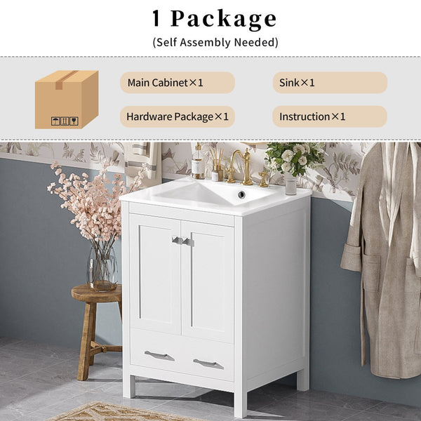 English Elm 24-inch Modern Bathroom Vanity with Ceramic Sink, Soft-Close Doors, Drawer Divider & Ample Storage White N729P299440K