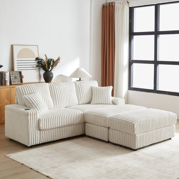 English Elm 84Inch Corduroy sofa with deep seats, 3 back pillows, 2 toss pillows, ottomans, cup grooves, storage Beige W834S00357