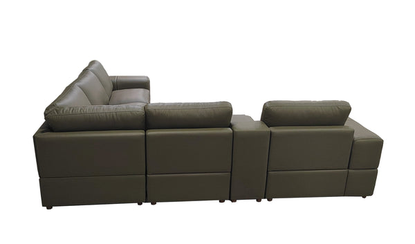 English Elm Premium Leather Match Sectional with Dual Recliners Cup Holders and Storage Console Olive Green B2748S00144