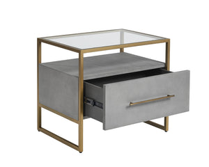 Sunpan Venice Nightstand – Glamorous Acacia Wood Design with Tempered Glass Top and Antique Brass Hardware Grey Shagreen