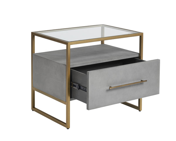 Sunpan Venice Nightstand – Glamorous Acacia Wood Design with Tempered Glass Top and Antique Brass Hardware Grey Shagreen