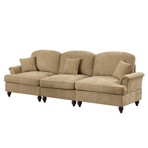 English Elm Elegant Mid Century 3-Seater Sofa With Flared Arms & Ruffled Skirts, Versatile Chenille Couch In Light Coffee W3041S00244