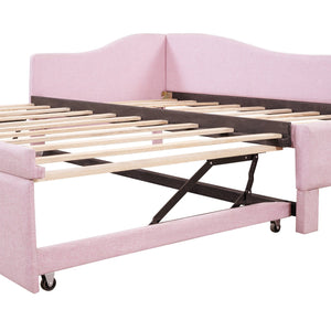 English Elm Twin Upholstered L-Shaped Daybed with Pop-Up Trundle, Space-Saving Guest Bed with Slats Kit and 400lb Capacity Pink SF000193AAH